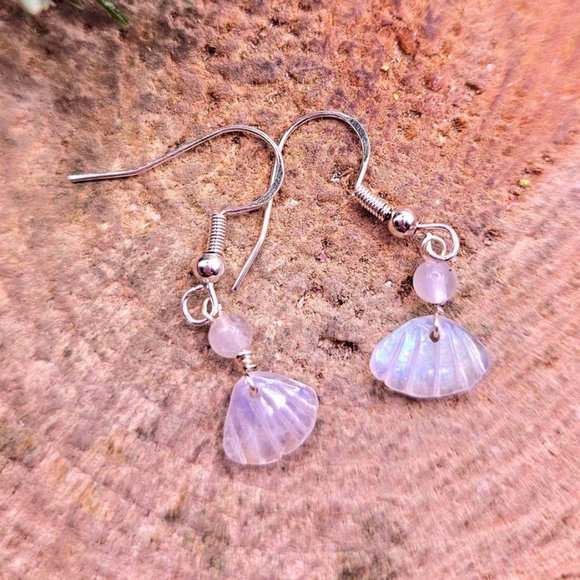 Beautiful Nature Moonstone Flashy Hand Carved Shell S925 Dangle Earring - Picture 9 of 10